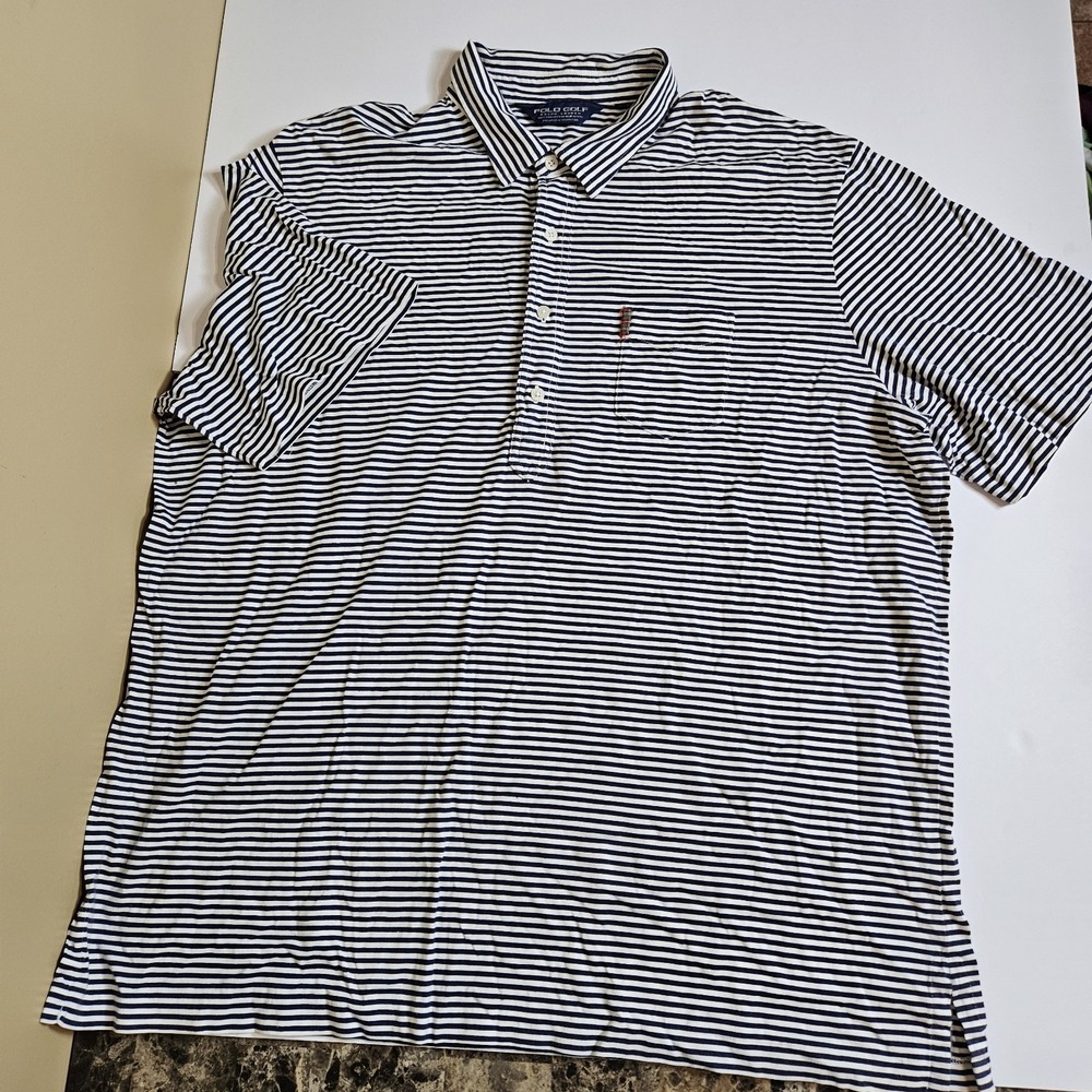 Polo‎ Golf Ralph Lauren Mens XXL Navy White Striped Pocket Polo Shirt Cotton